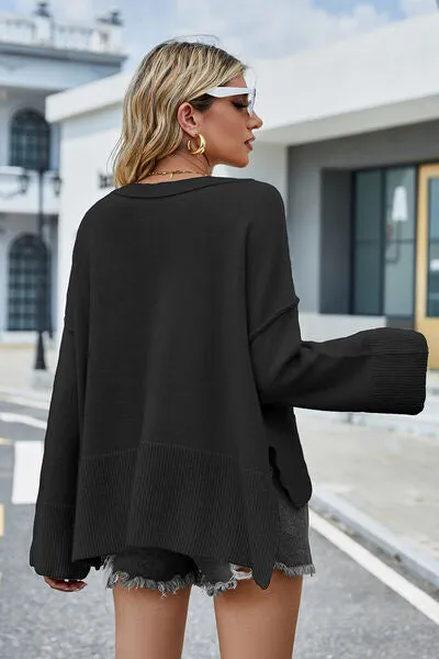 Liam High-Low Slit Round Neck Long Sleeve Sweater