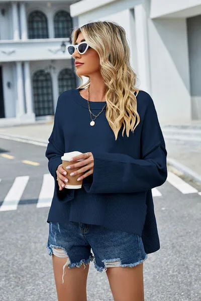 Liam High-Low Slit Round Neck Long Sleeve Sweater