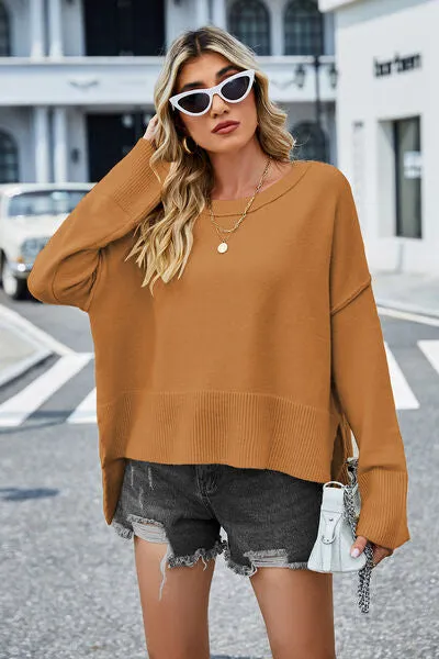 Liam High-Low Slit Round Neck Long Sleeve Sweater