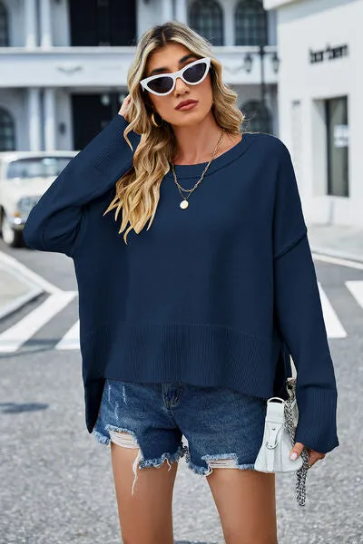 Liam High-Low Slit Round Neck Long Sleeve Sweater
