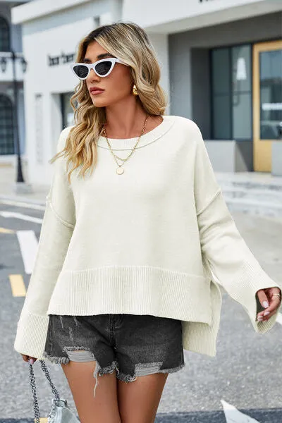 Liam High-Low Slit Round Neck Long Sleeve Sweater