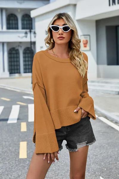 Liam High-Low Slit Round Neck Long Sleeve Sweater