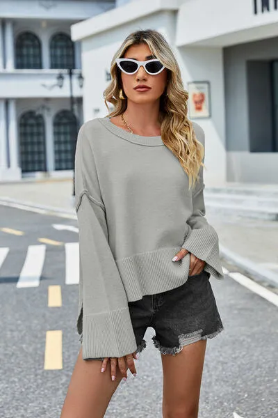 Liam High-Low Slit Round Neck Long Sleeve Sweater