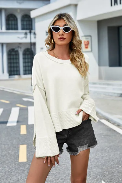 Liam High-Low Slit Round Neck Long Sleeve Sweater
