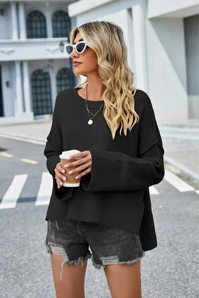 Liam High-Low Slit Round Neck Long Sleeve Sweater