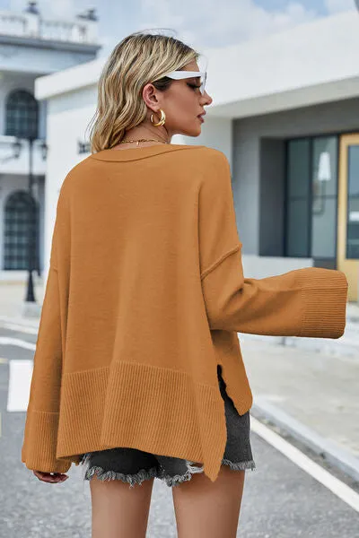 Liam High-Low Slit Round Neck Long Sleeve Sweater