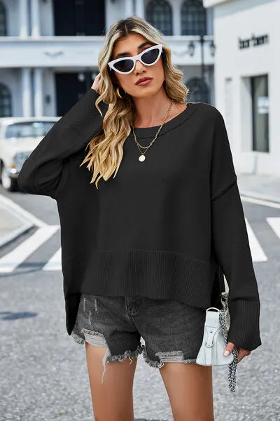 Liam High-Low Slit Round Neck Long Sleeve Sweater