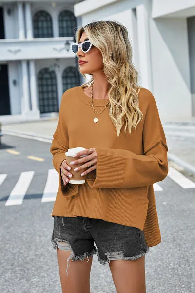 Liam High-Low Slit Round Neck Long Sleeve Sweater