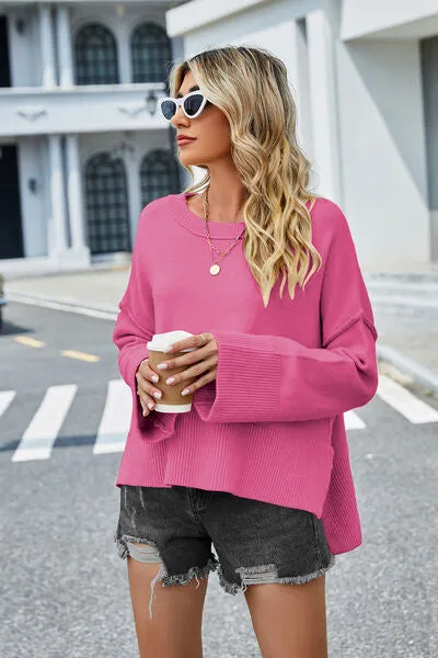 Liam High-Low Slit Round Neck Long Sleeve Sweater
