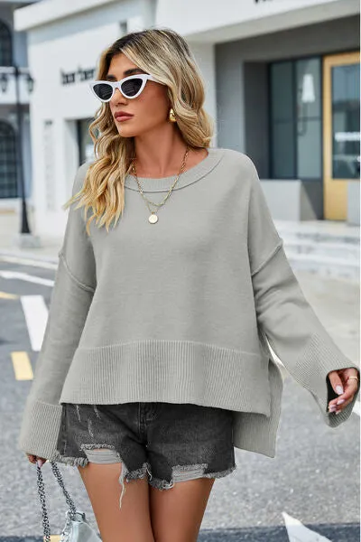 Liam High-Low Slit Round Neck Long Sleeve Sweater