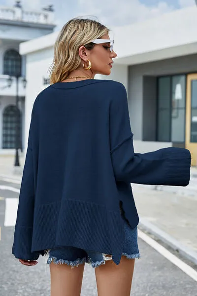 Liam High-Low Slit Round Neck Long Sleeve Sweater