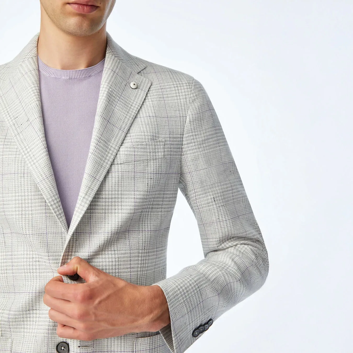 Light Gray Prince of Wales Linen-Cotton Contemporary Fit Sport Jacket - L.B.M 1911