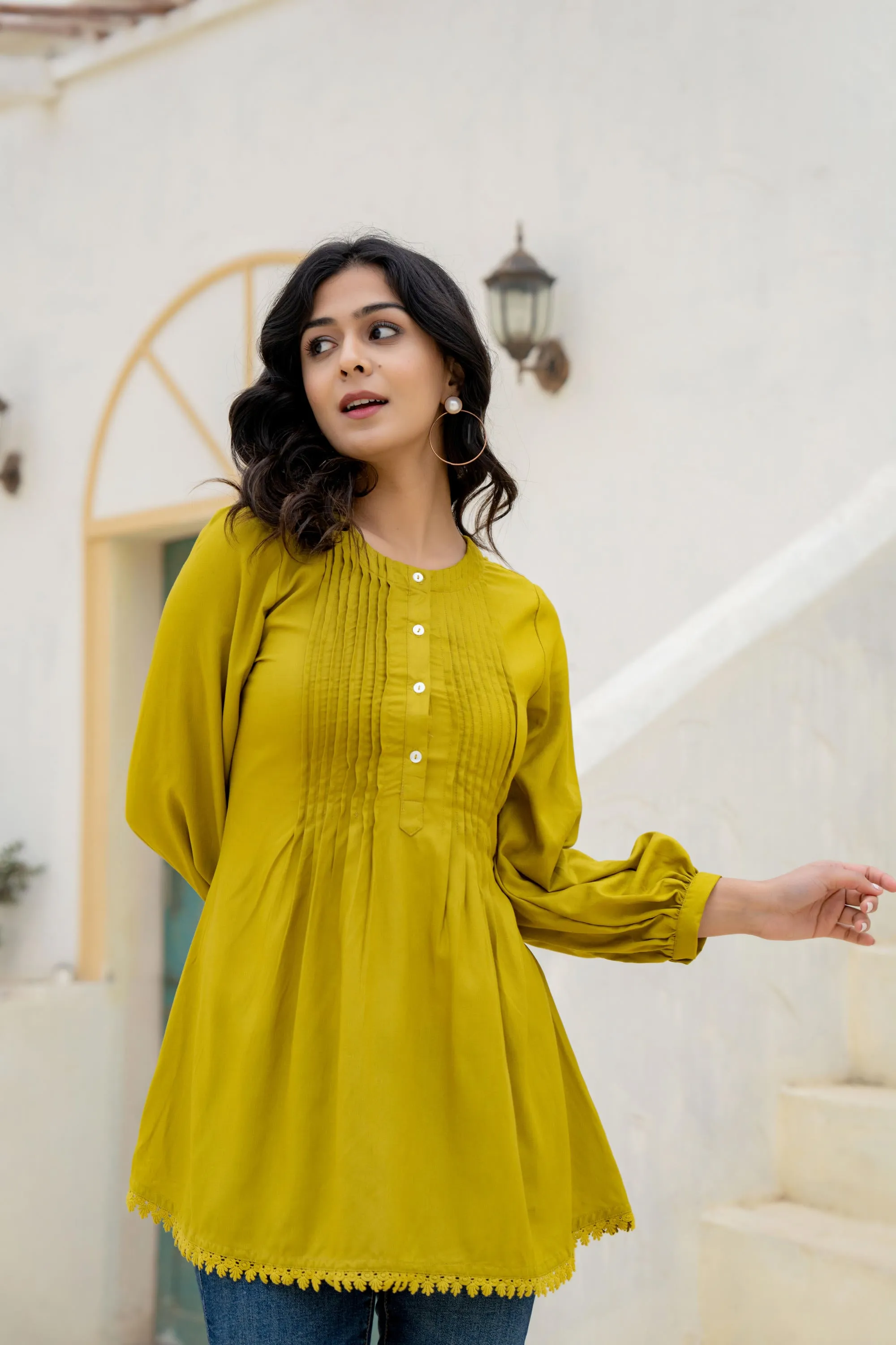 Lime Solid Viscose Tunic With Buttons & Lace