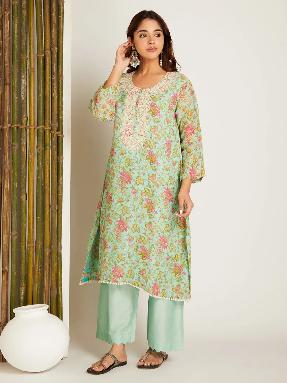 LINEN KURTA SET MINT GREEN