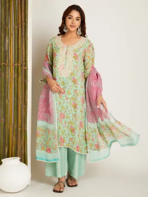 LINEN KURTA SET MINT GREEN