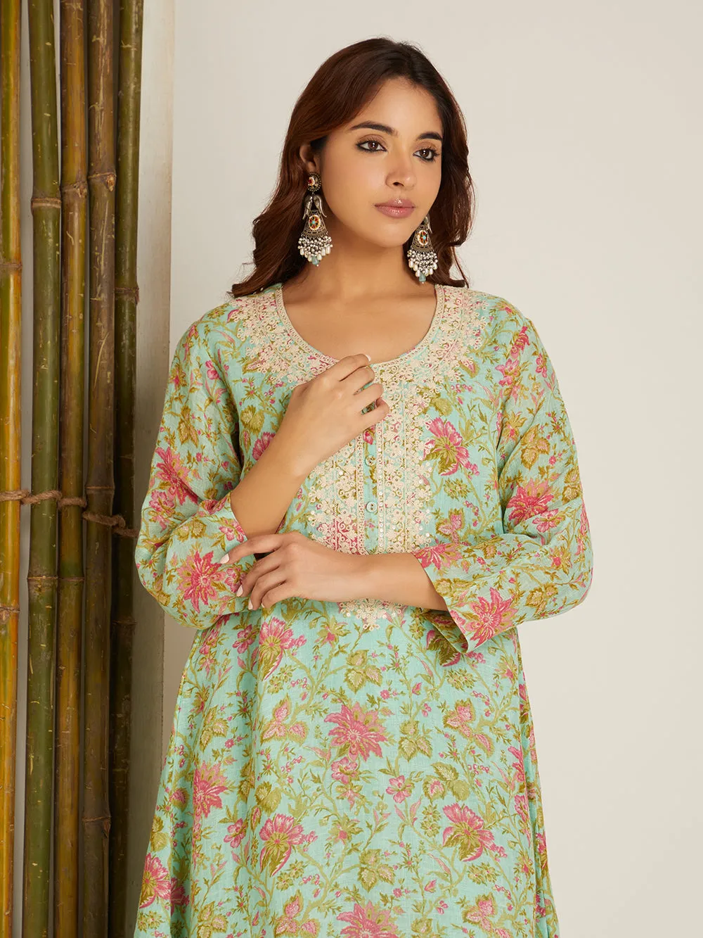 LINEN KURTA SET MINT GREEN