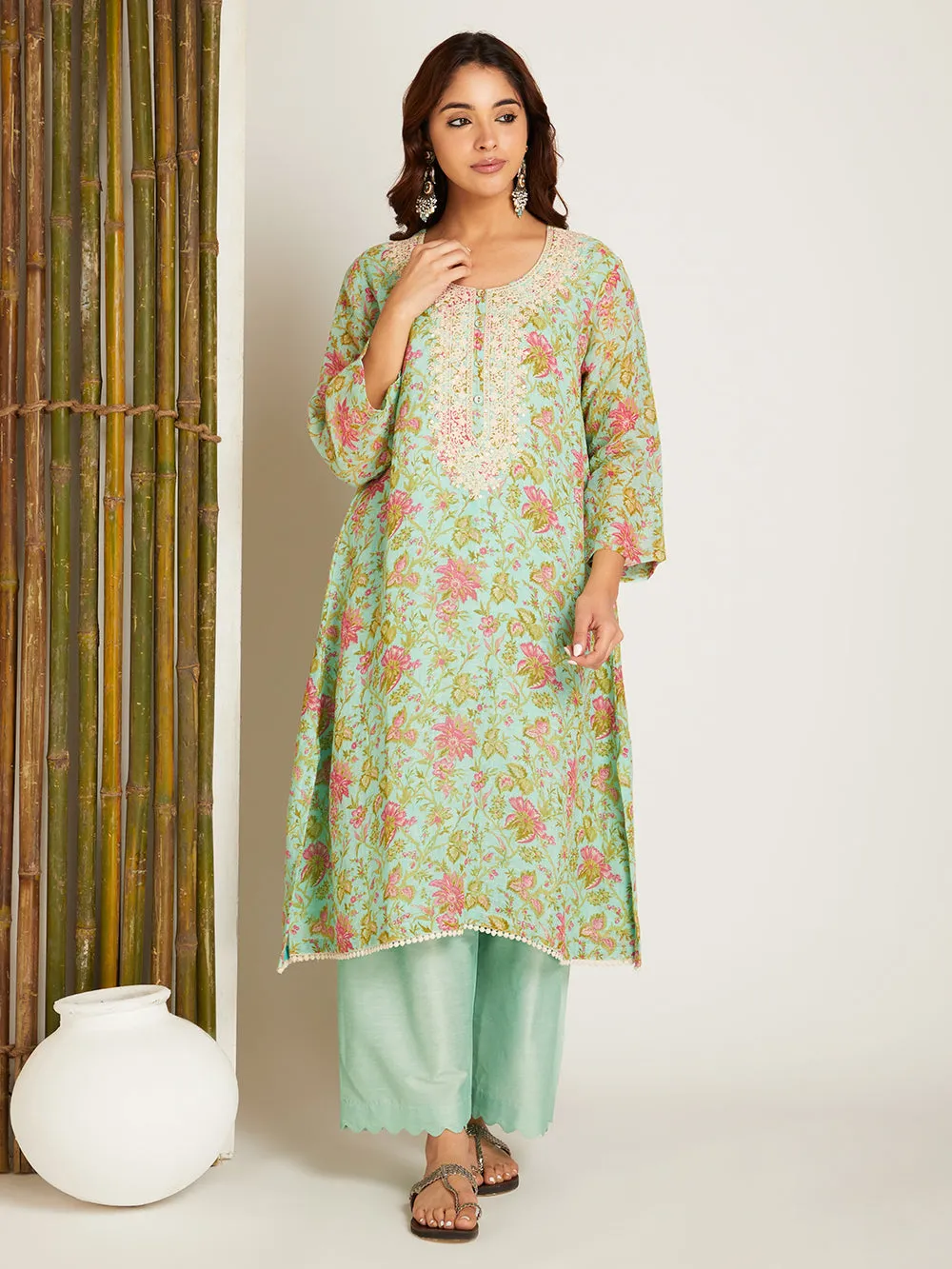 LINEN KURTA SET MINT GREEN