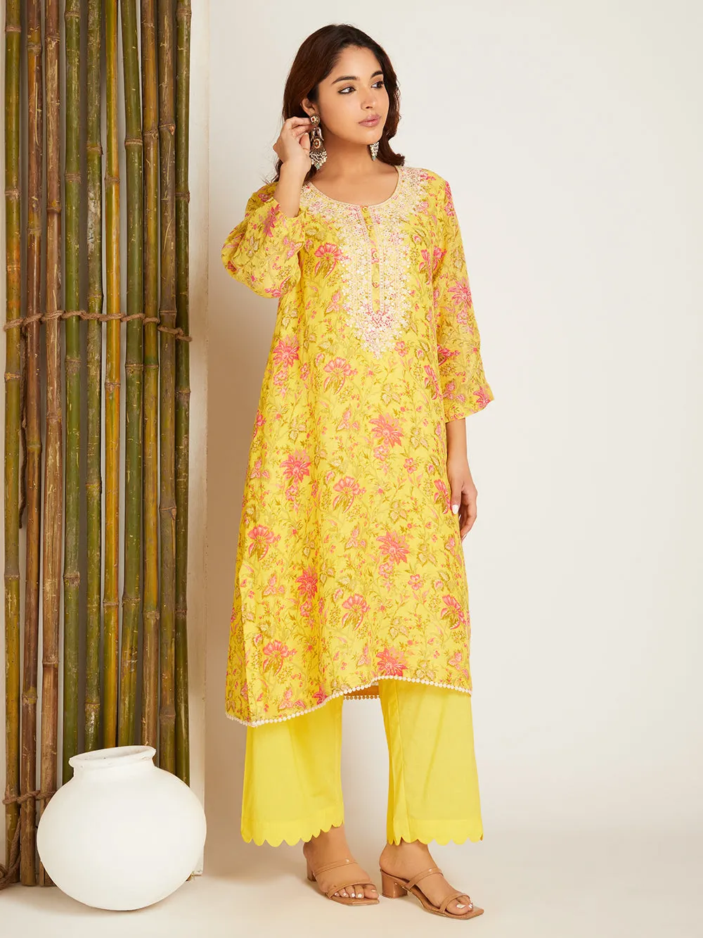 LINEN YELLOW  KURTA SET