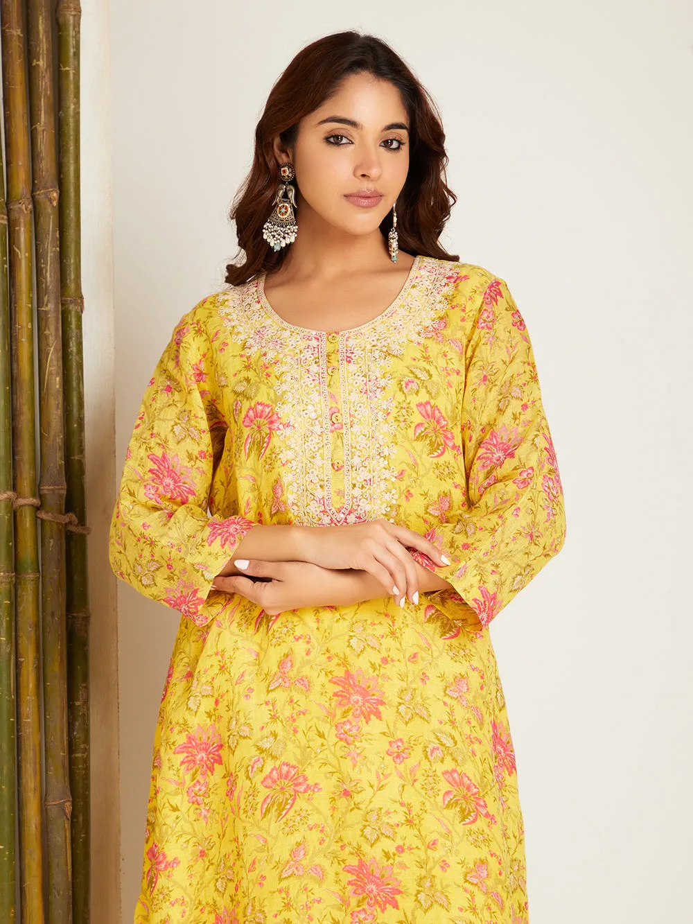 LINEN YELLOW  KURTA SET