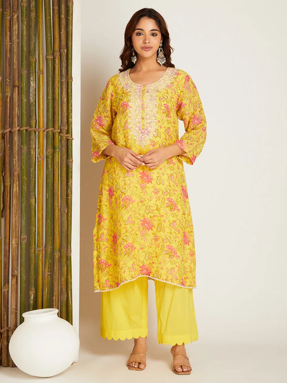 LINEN YELLOW  KURTA SET