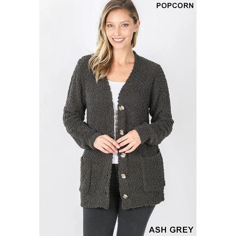 LONG SLEEVE POPCORN BUTTON DOWN CARDIGAN