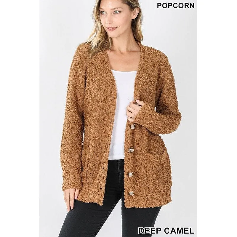 LONG SLEEVE POPCORN BUTTON DOWN CARDIGAN