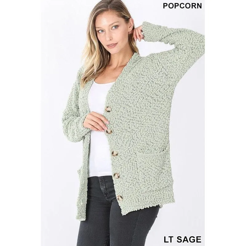LONG SLEEVE POPCORN BUTTON DOWN CARDIGAN
