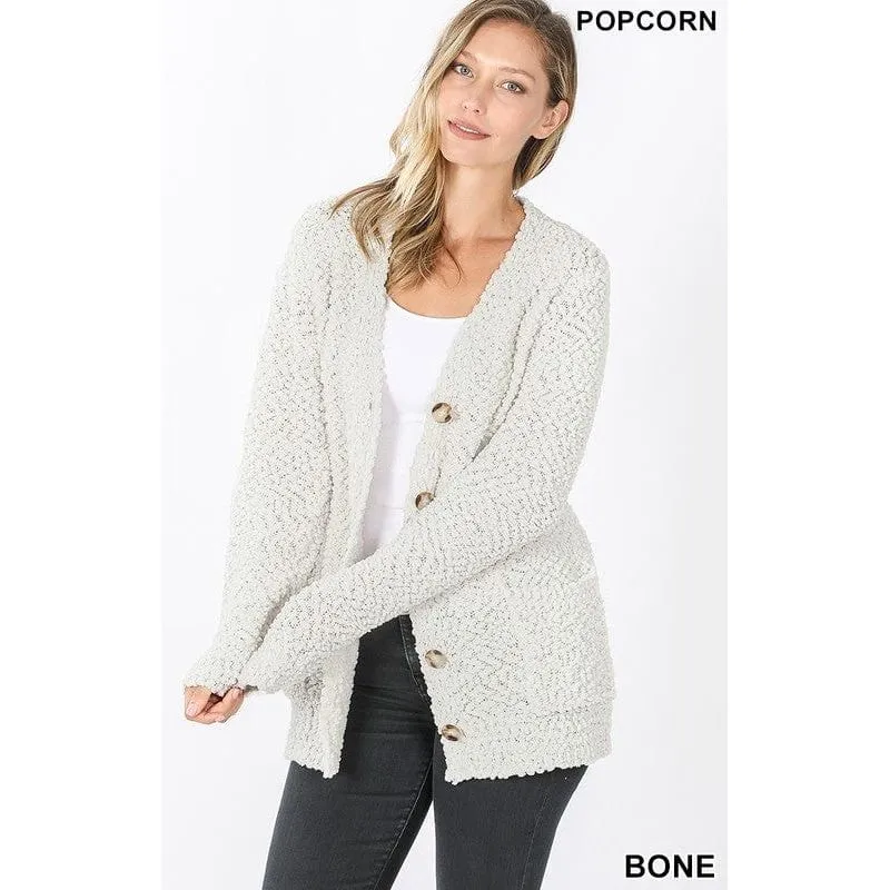 LONG SLEEVE POPCORN BUTTON DOWN CARDIGAN