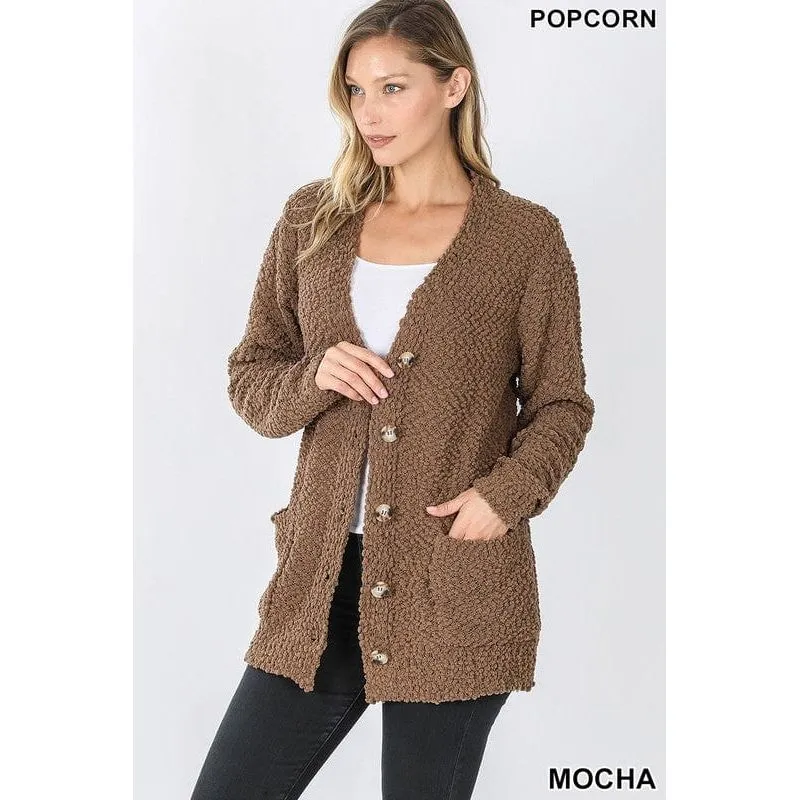 LONG SLEEVE POPCORN BUTTON DOWN CARDIGAN