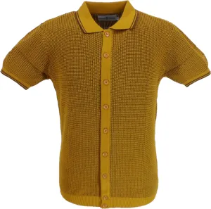 Madcap England Mens Yellow Retro Waffle Knitted Polo Cardigan