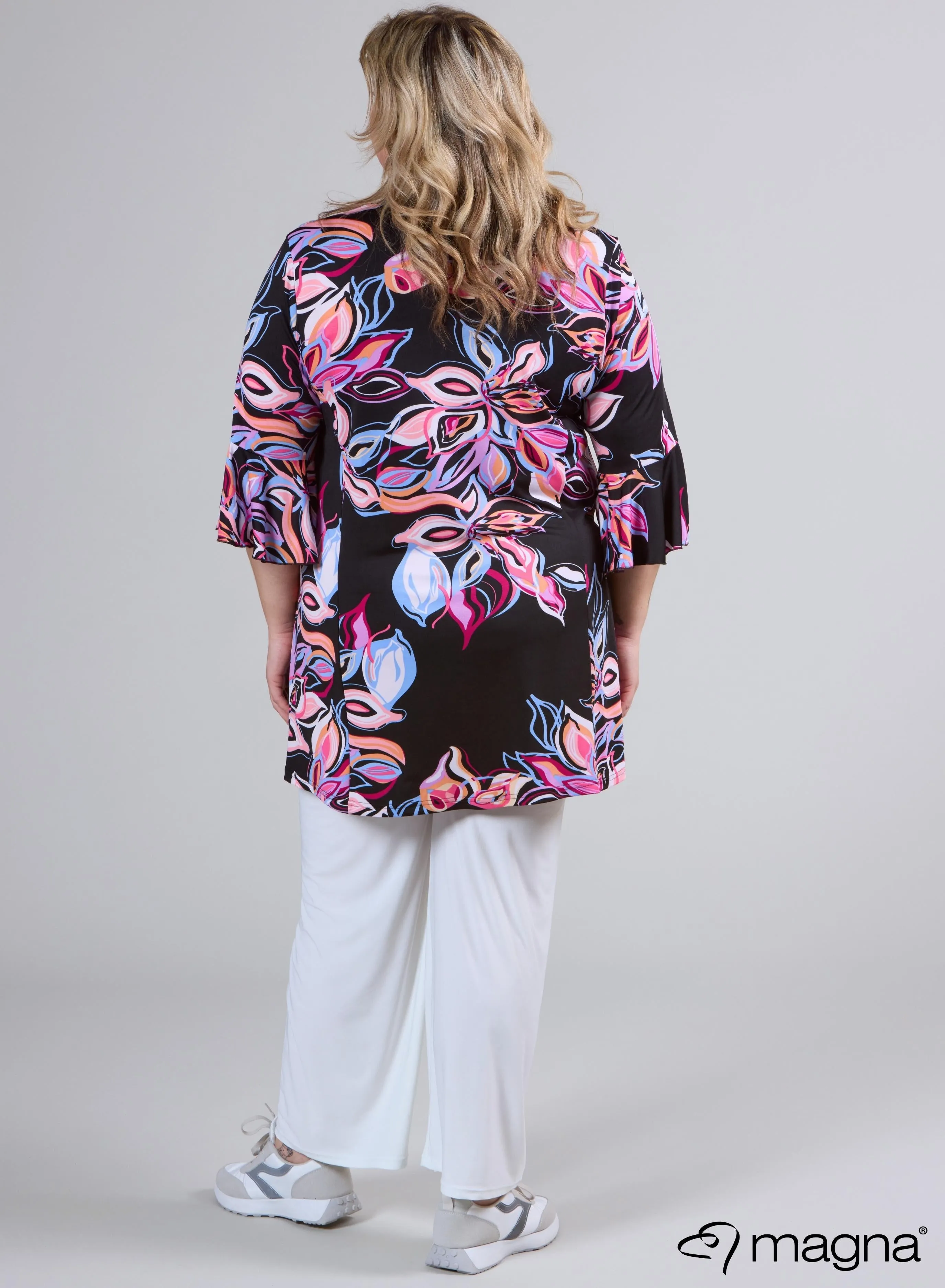 Magna Flared Sleeves Relaxed Tunic Colorful Flower Print Rosa