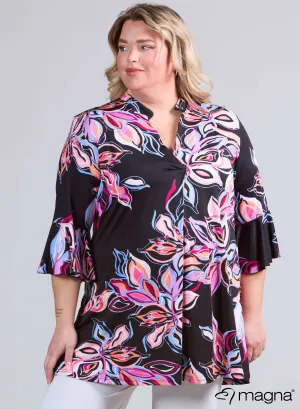 Magna Flared Sleeves Relaxed Tunic Colorful Flower Print Rosa