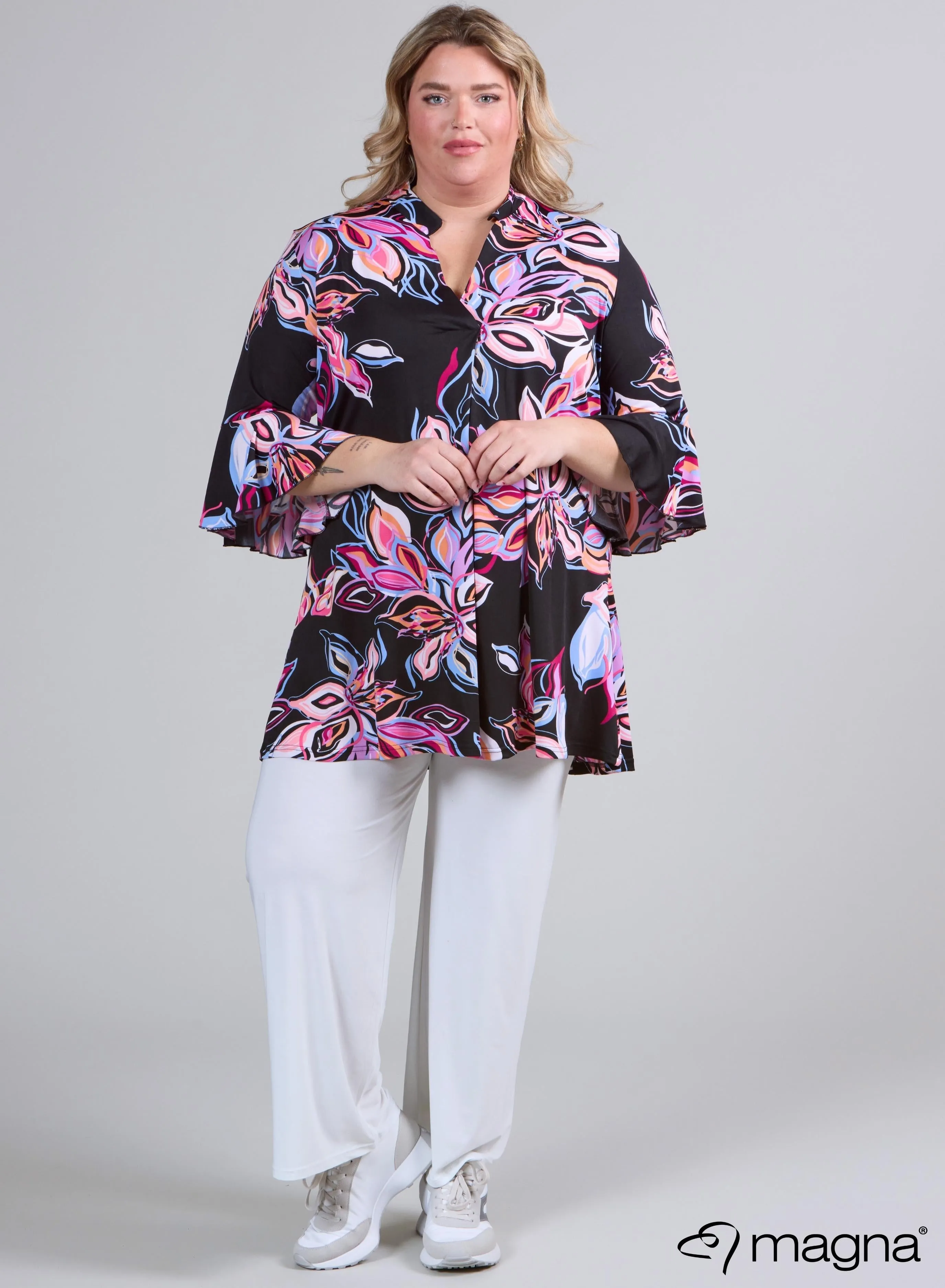 Magna Flared Sleeves Relaxed Tunic Colorful Flower Print Rosa