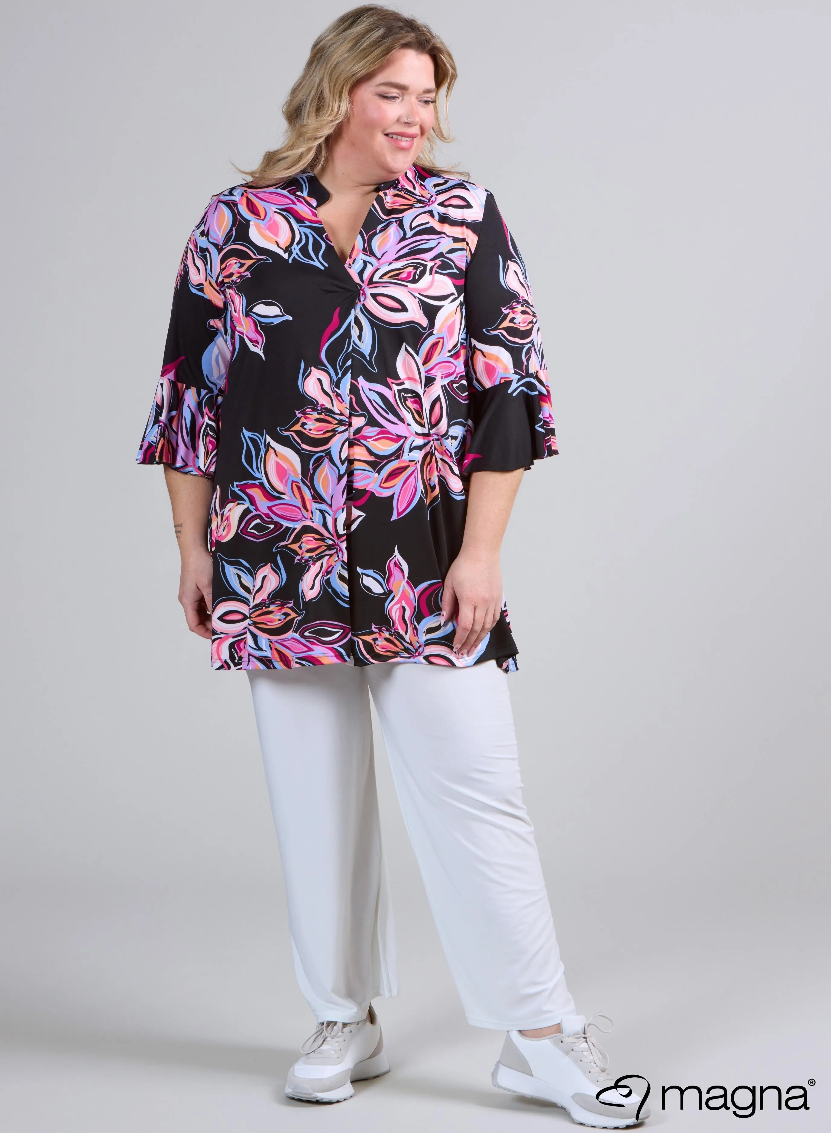 Magna Flared Sleeves Relaxed Tunic Colorful Flower Print Rosa