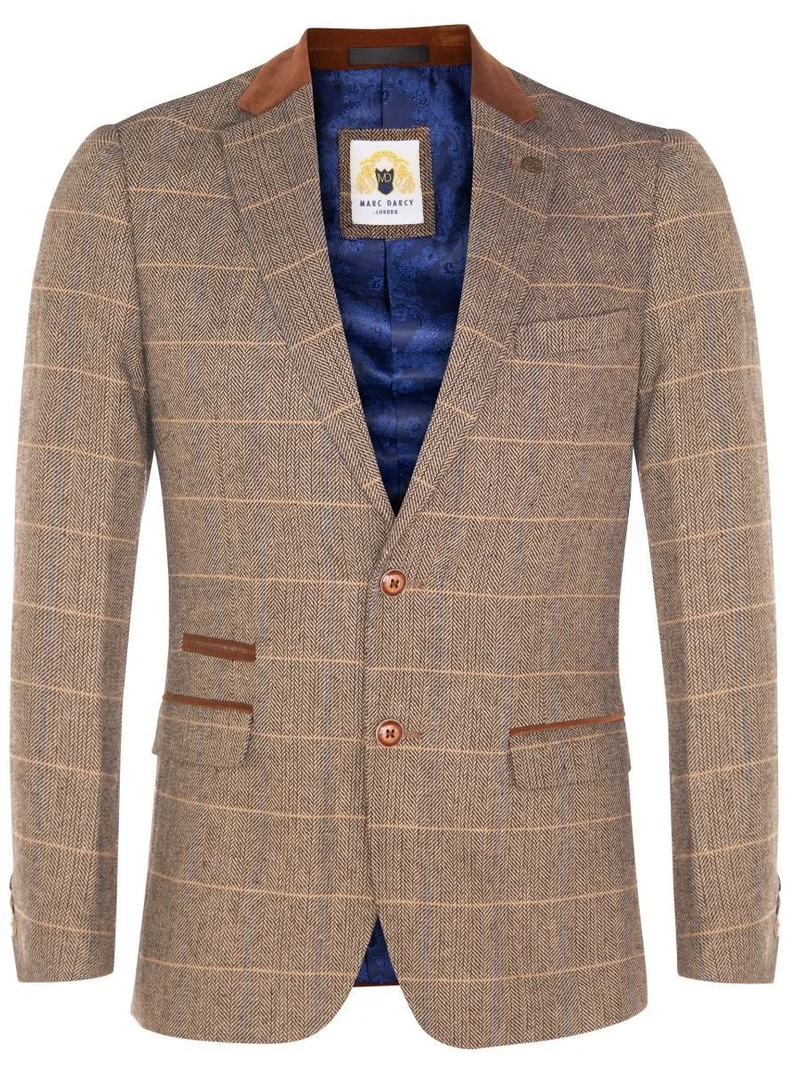 Marc Darcy Mens Tweed Blazer DX7 Tan Brown Check Herringbone Smart Formal Jacket