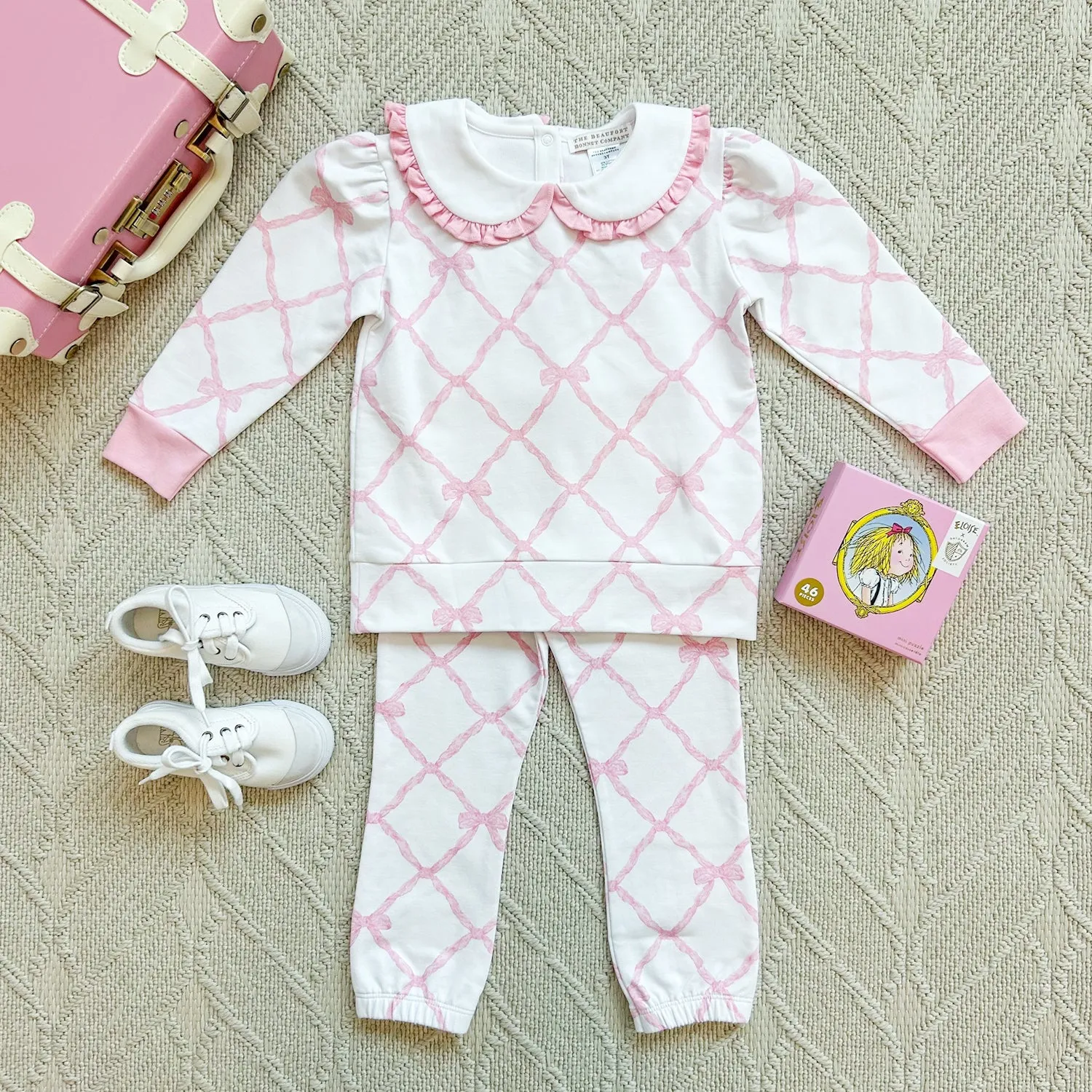 Maude's Ruffle Cassidy Comfy Crewneck - Belle Meade Bow with Worth Avenue White and Pier Party Pink