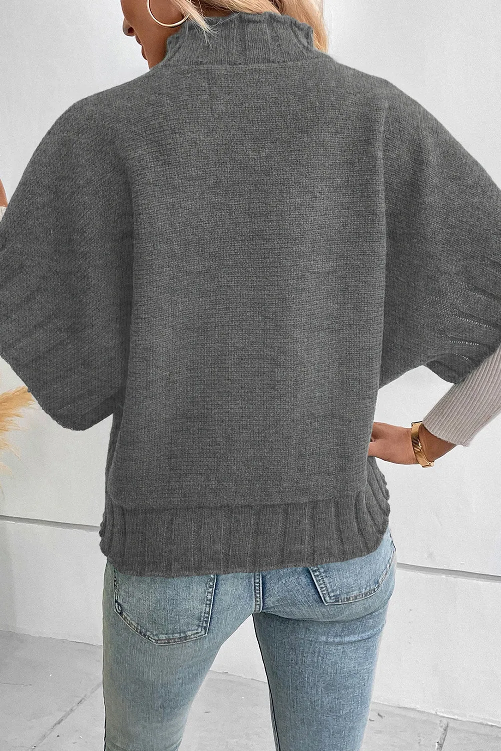 Medium Grey Mock Neck Batwing Short Sleeve Knit Sweater