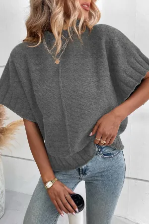 Medium Grey Mock Neck Batwing Short Sleeve Knit Sweater