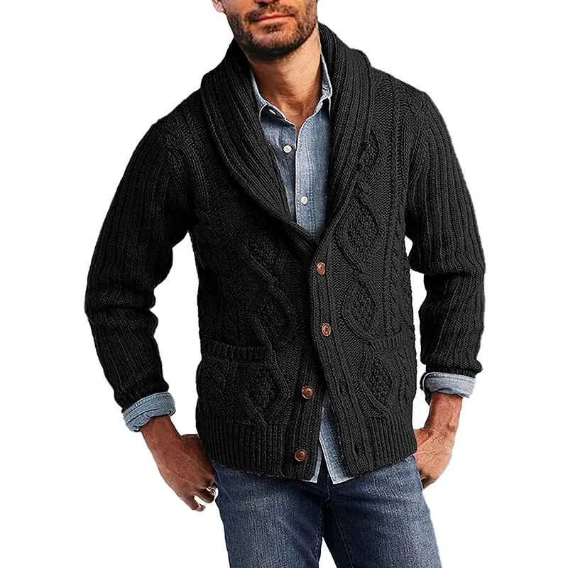 Men's Cable Knit Cardigan Sweater Shawl Collar Loose Fit Long Sleeve Casual Cardigans G053