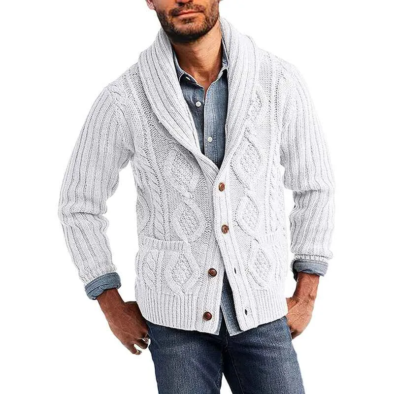 Men's Cable Knit Cardigan Sweater Shawl Collar Loose Fit Long Sleeve Casual Cardigans G053