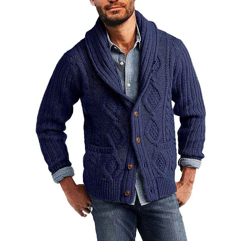 Men's Cable Knit Cardigan Sweater Shawl Collar Loose Fit Long Sleeve Casual Cardigans G053
