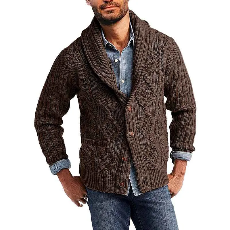 Men's Cable Knit Cardigan Sweater Shawl Collar Loose Fit Long Sleeve Casual Cardigans G053