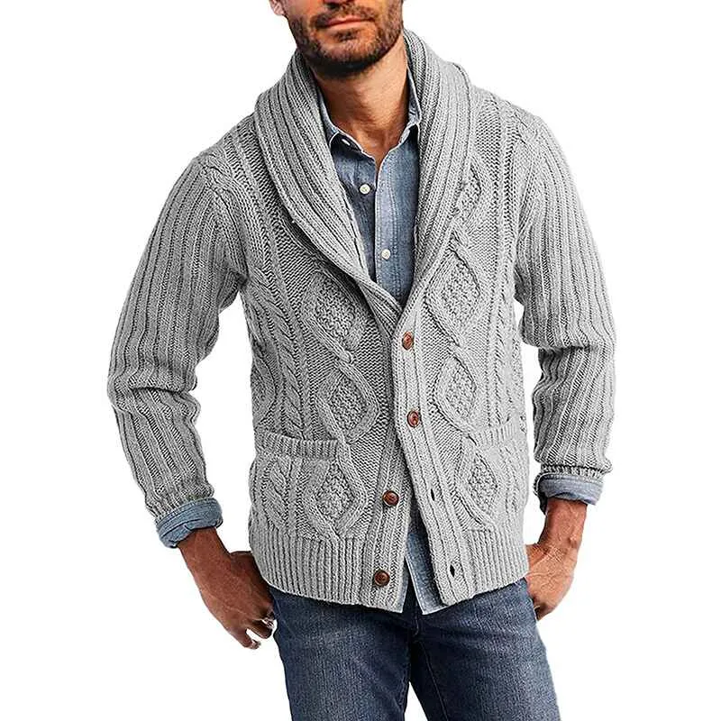 Men's Cable Knit Cardigan Sweater Shawl Collar Loose Fit Long Sleeve Casual Cardigans G053