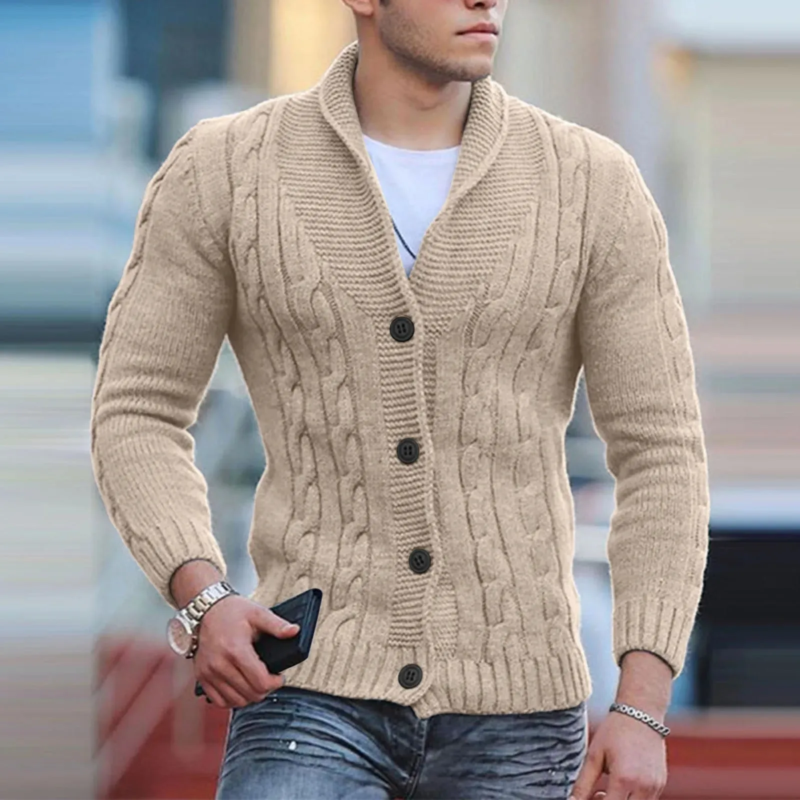Mens Fashion England Style Knitted Cardigan Sweater 2024 New Shawl Collar Loose Fit Long Sleeve Single-Breasted Cardigans