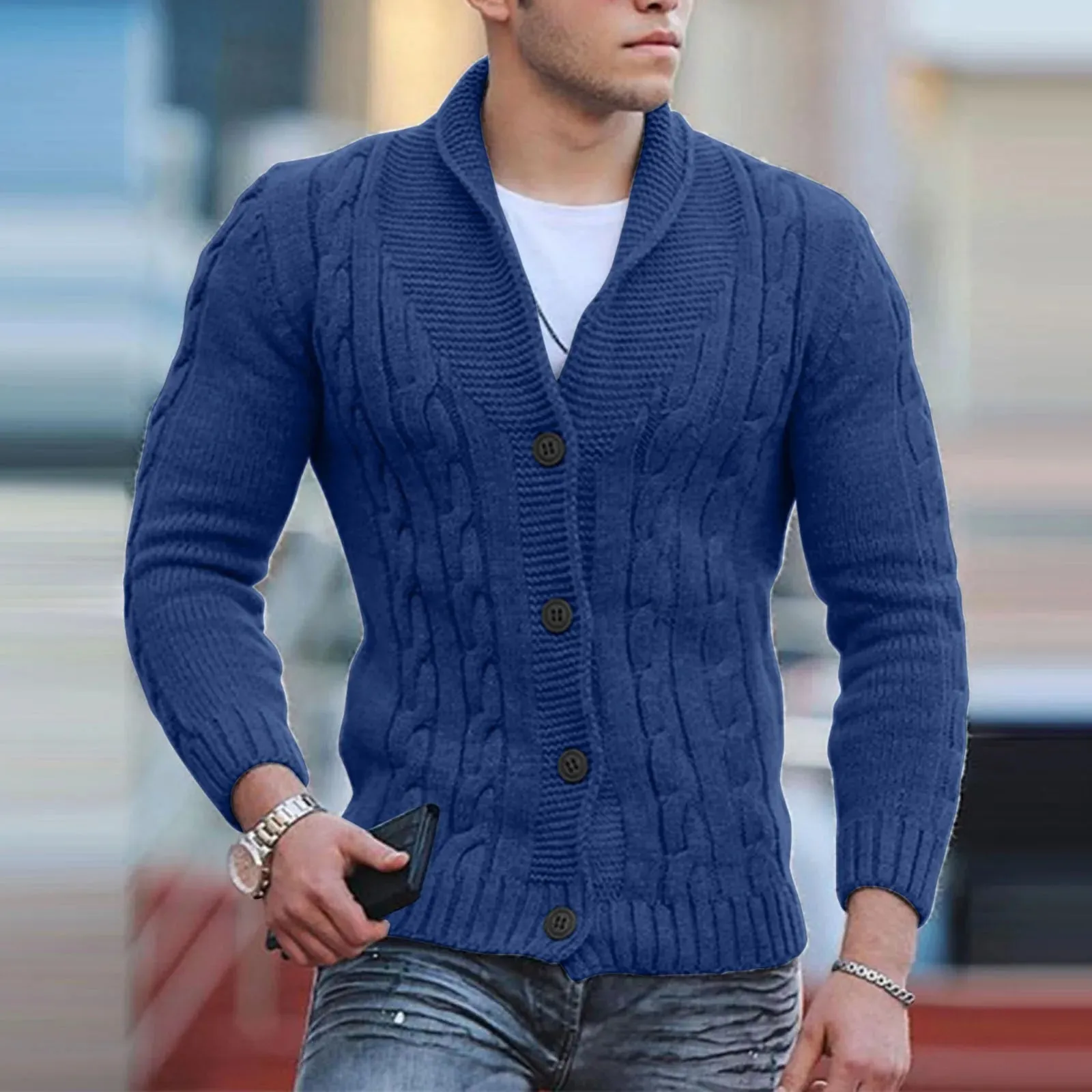 Mens Fashion England Style Knitted Cardigan Sweater 2024 New Shawl Collar Loose Fit Long Sleeve Single-Breasted Cardigans