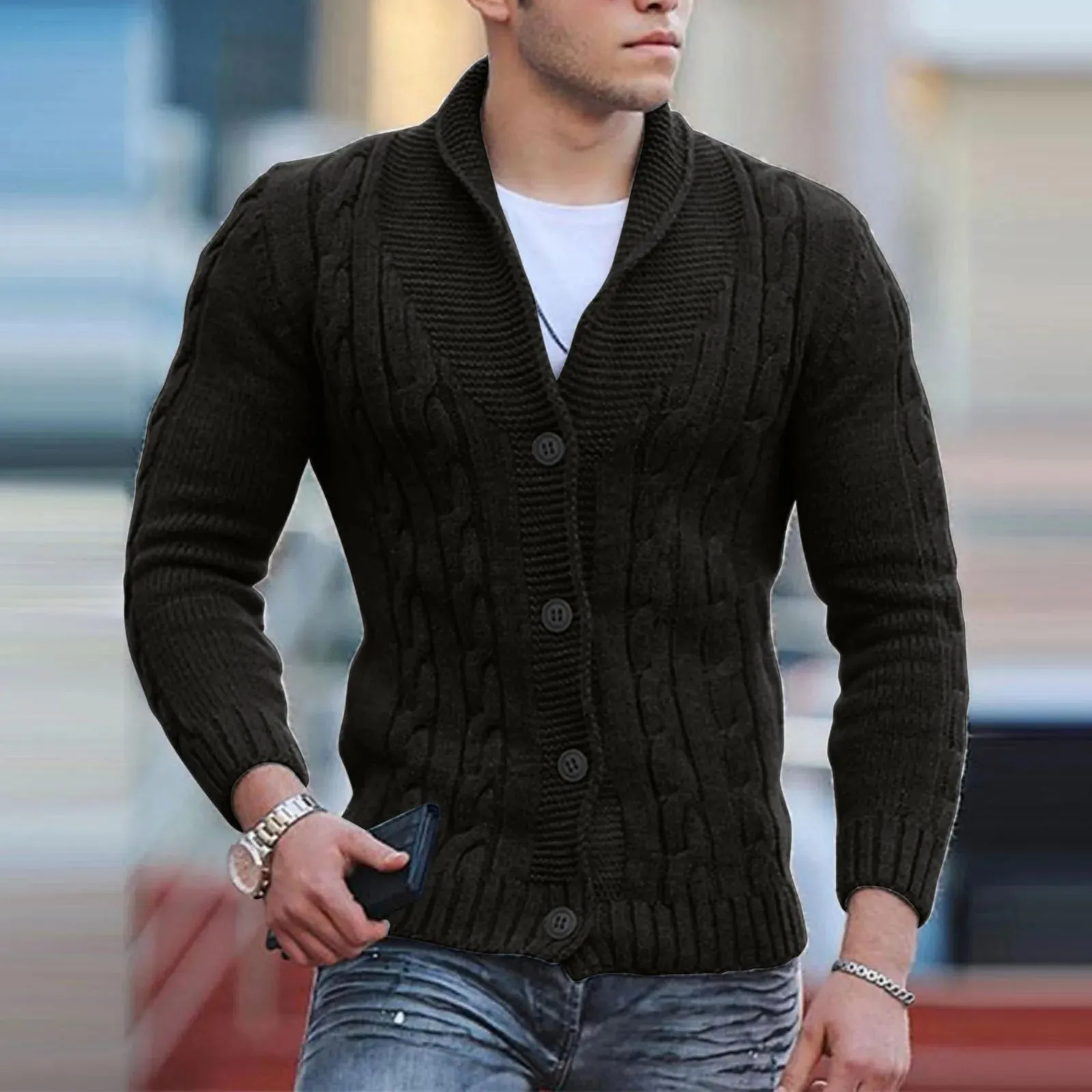 Mens Fashion England Style Knitted Cardigan Sweater 2024 New Shawl Collar Loose Fit Long Sleeve Single-Breasted Cardigans