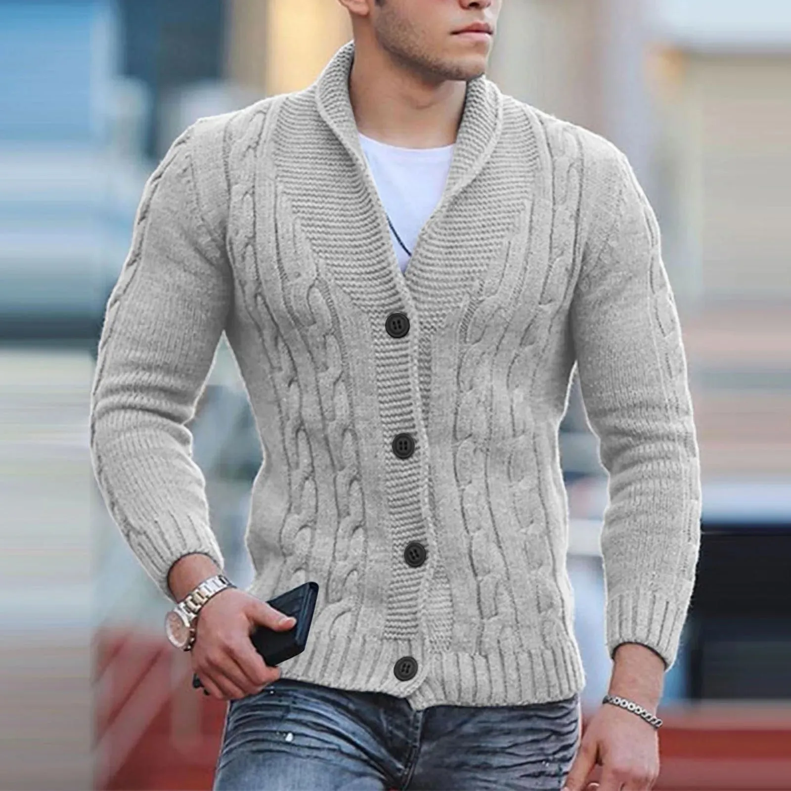 Mens Fashion England Style Knitted Cardigan Sweater 2024 New Shawl Collar Loose Fit Long Sleeve Single-Breasted Cardigans