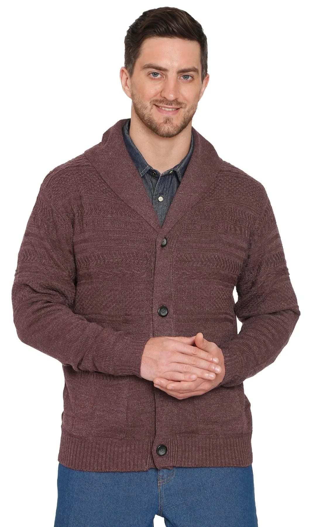 Men's Jacquard Knit Shawl Collar Cardigan - Button front with Pockets