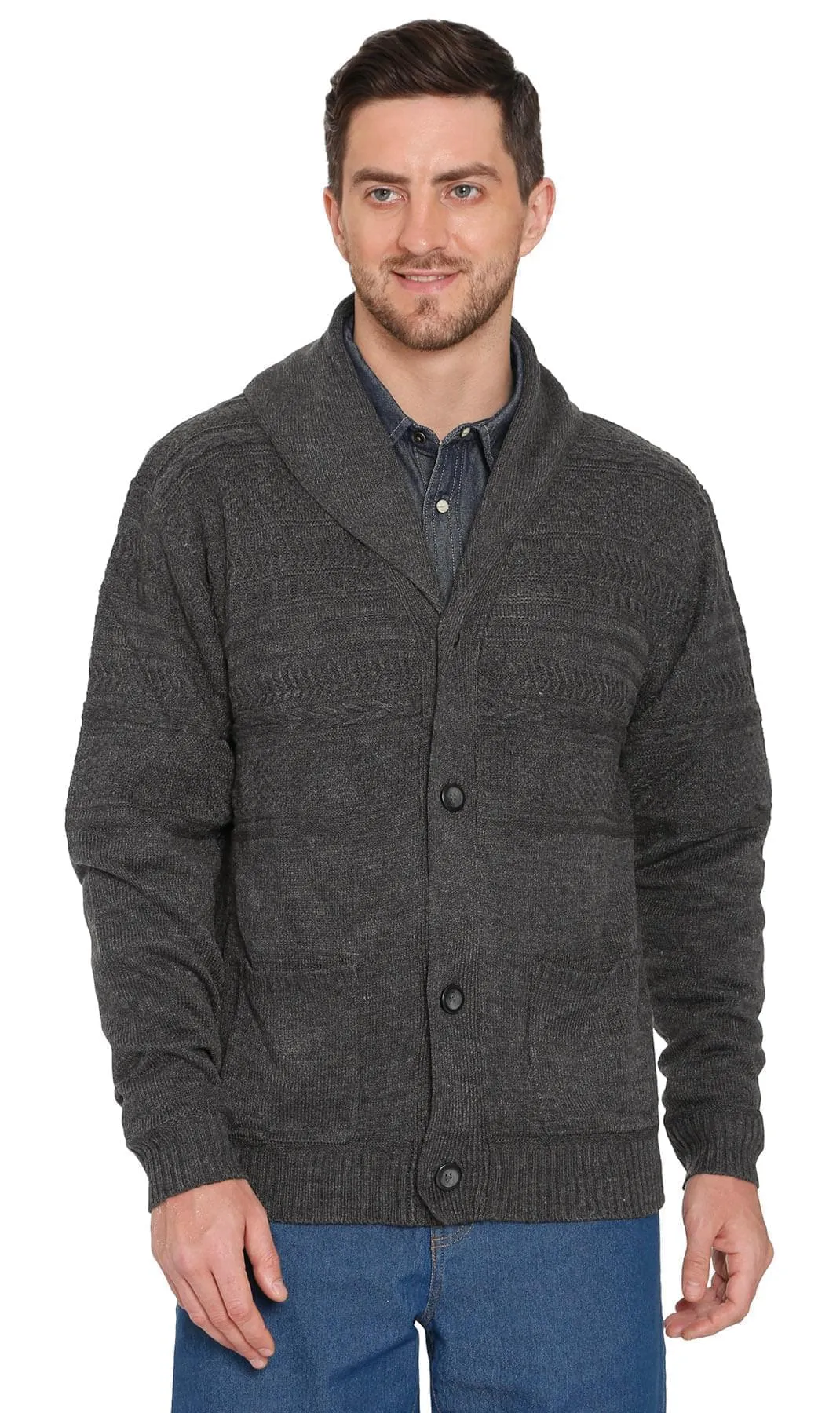Men's Jacquard Knit Shawl Collar Cardigan - Button front with Pockets