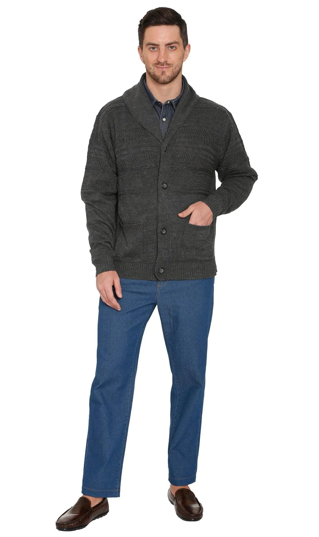 Men's Jacquard Knit Shawl Collar Cardigan - Button front with Pockets